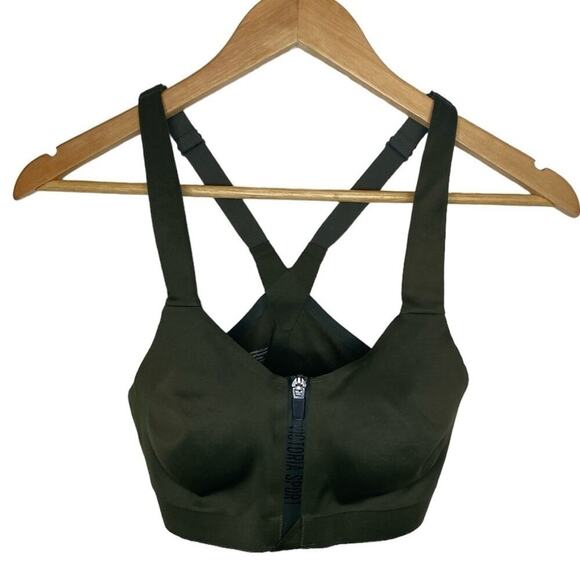 Victoria’s Secret Sport Olive Green Zip Up Padded Racerback Sports Bra Size 30C - Picture 1 of 5
